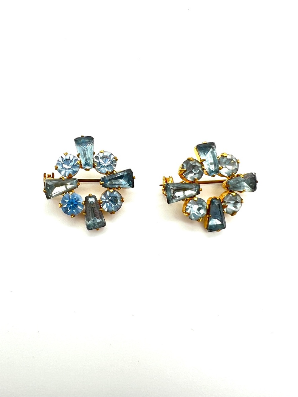 VTG Gold-Tone Blue Crystal Floral Brooch Set, Czech